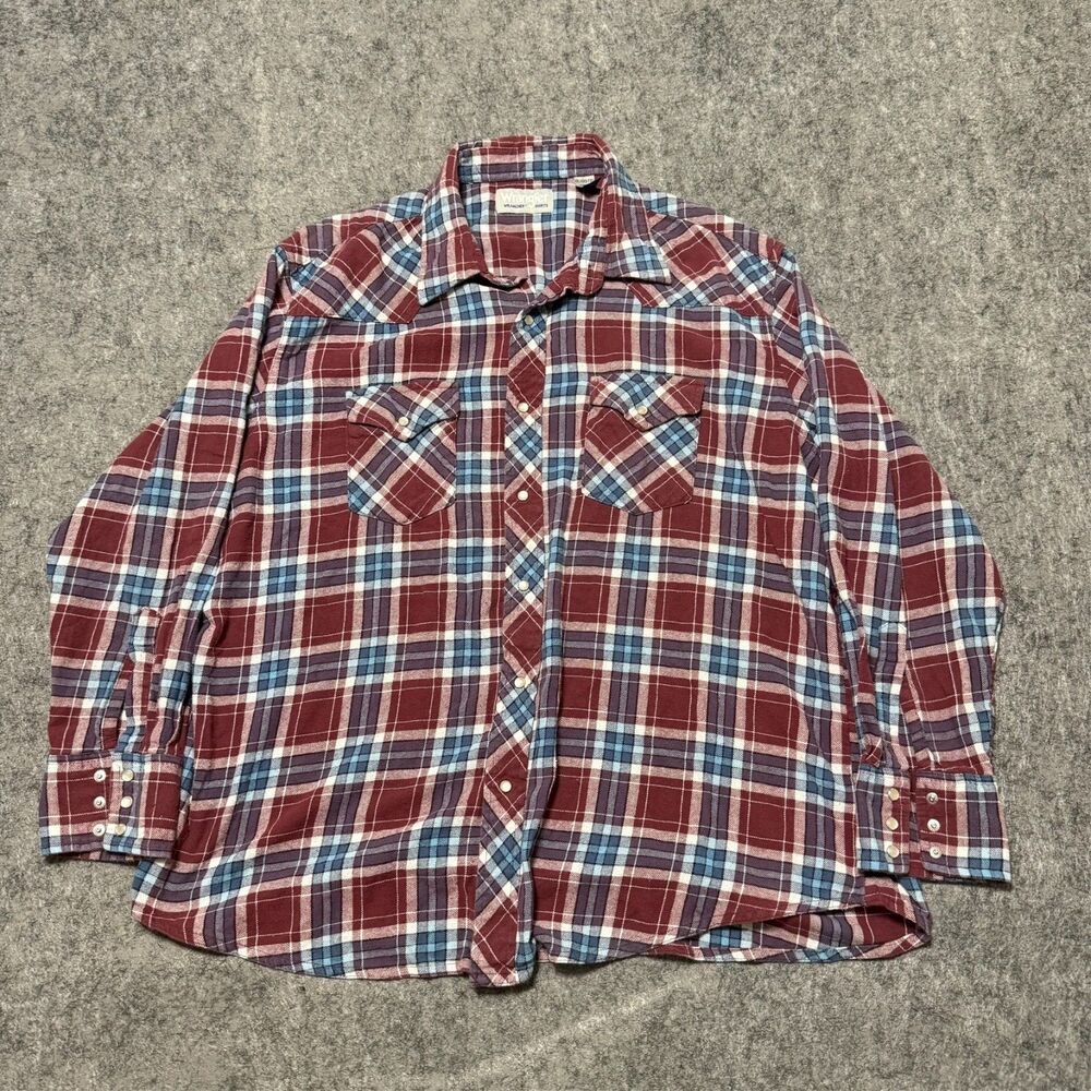 Wrangler Wrancher Men 2XL Plaid Western Pearl Snap Flannel Shirt Red Blue White